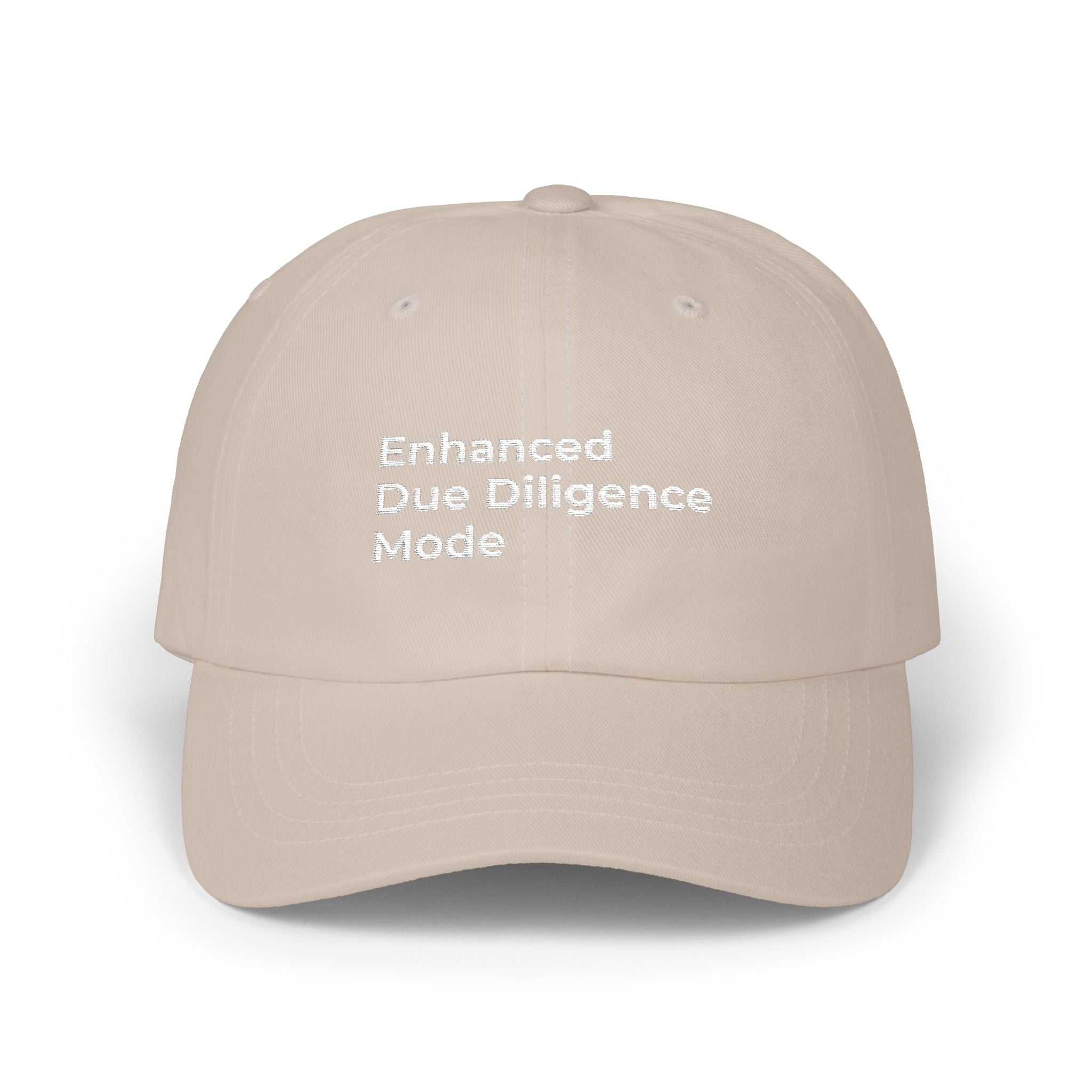 Enhanced Due Diligence Mode - White Classic Dad Cap – Minimal Embroidered Text Baseball Hat