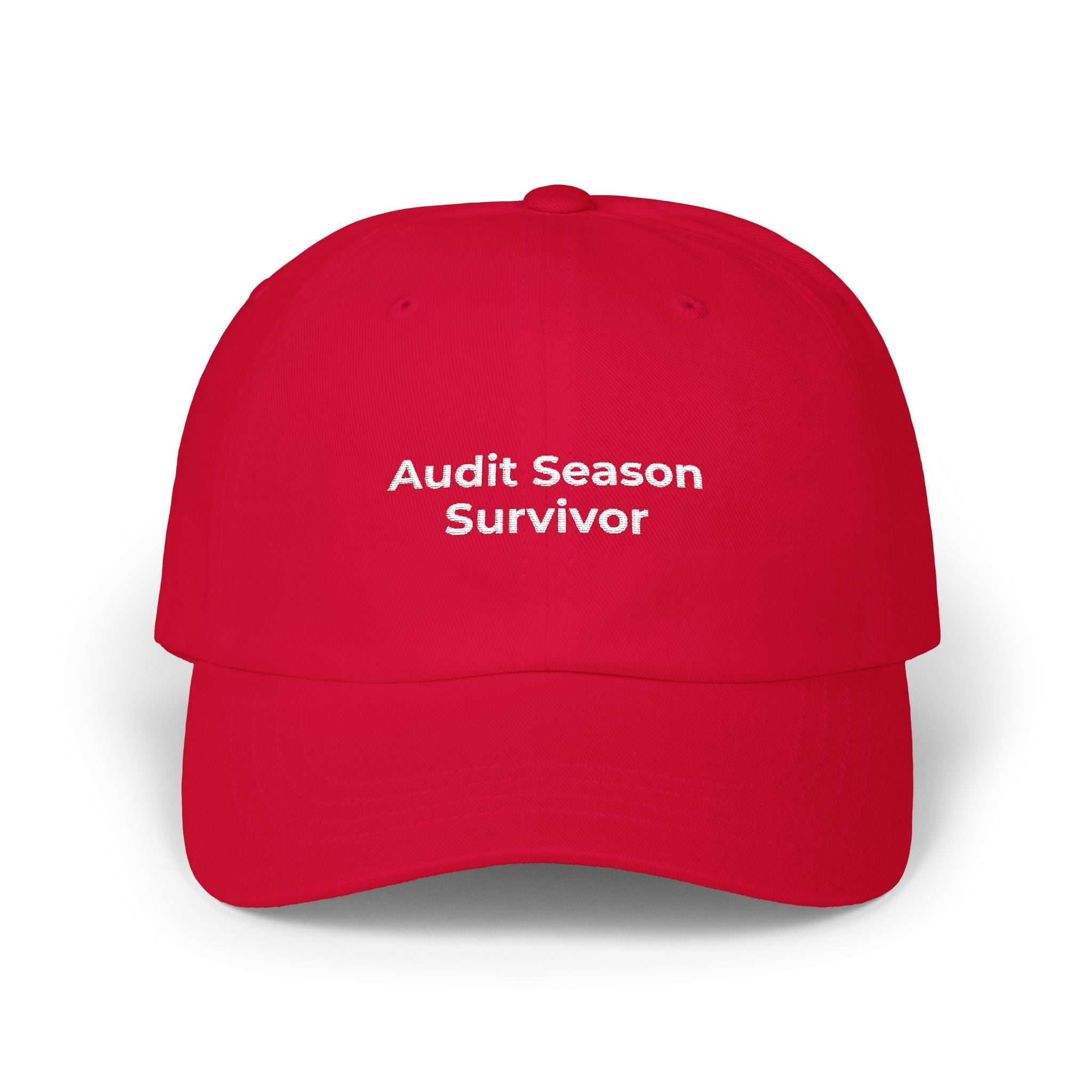Audit Season Survivor - Dad Cap — Minimal White Embroidered Classic Dad Cap