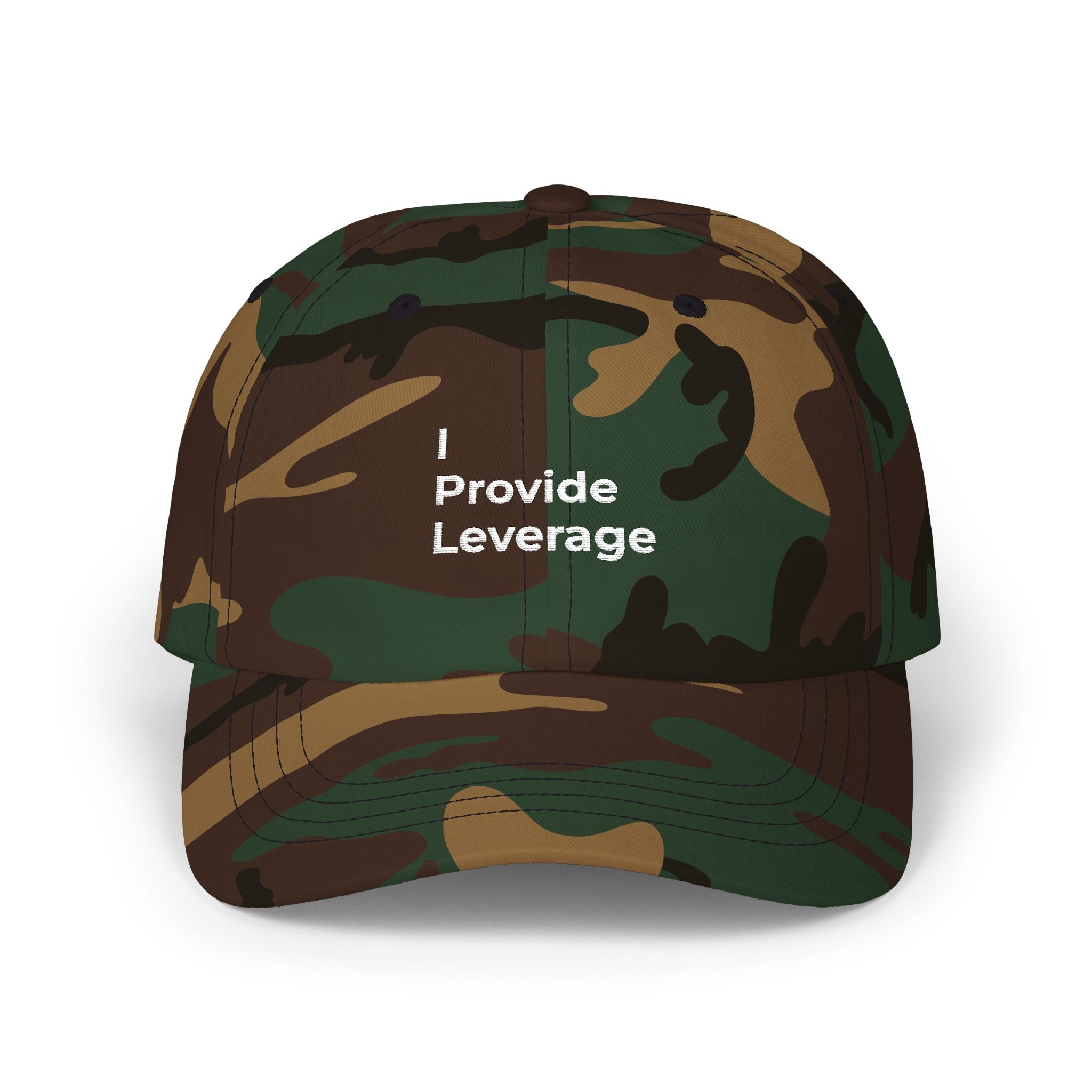 I Provide Leverage - Classic Dad Cap — Minimal White Embroidered Baseball Hat
