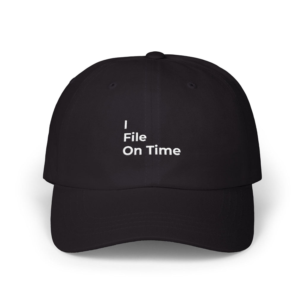 I File On Time - Classic Dad Cap — Minimal Embroidered White Baseball Hat