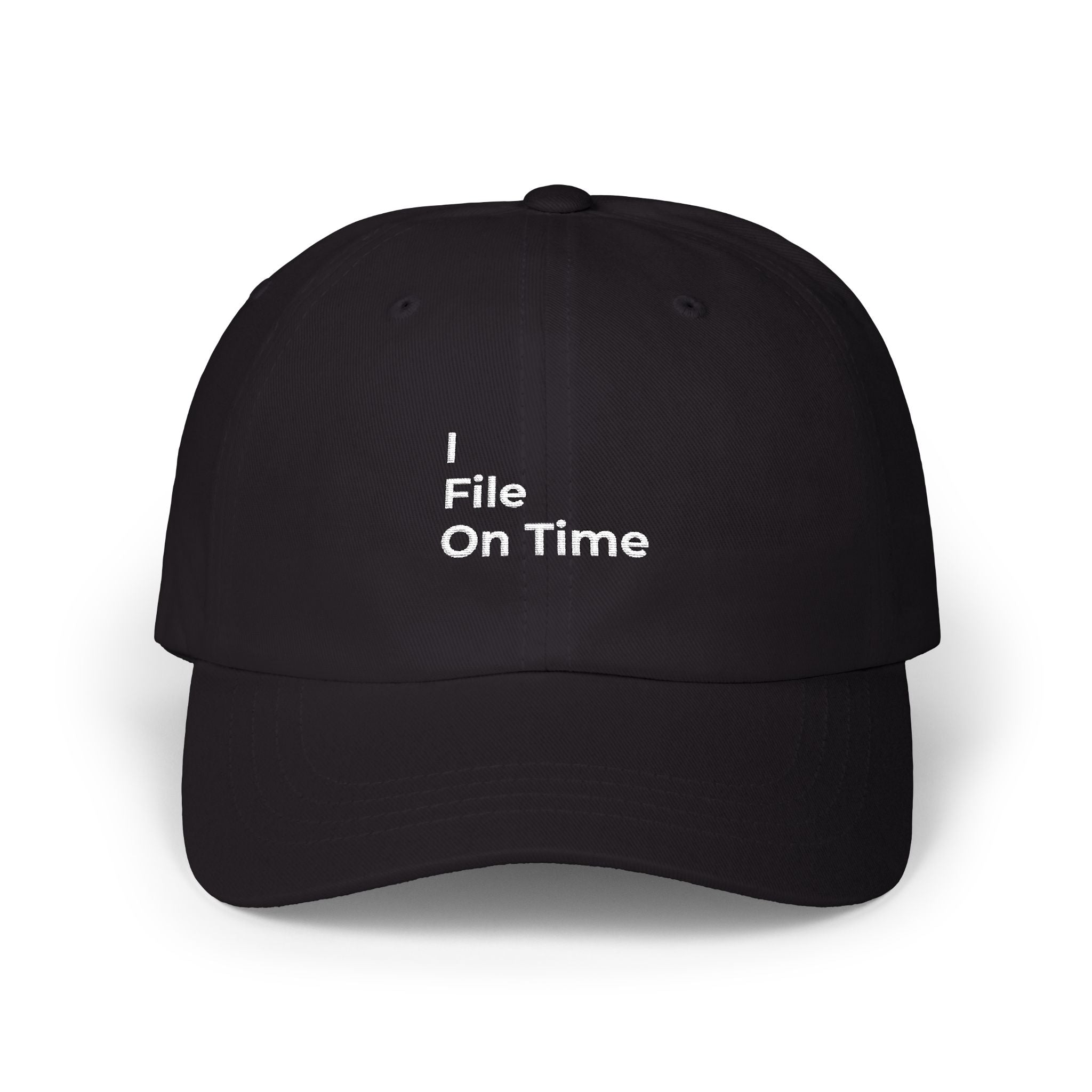 I File On Time - Classic Dad Cap — Minimal Embroidered White Baseball Hat