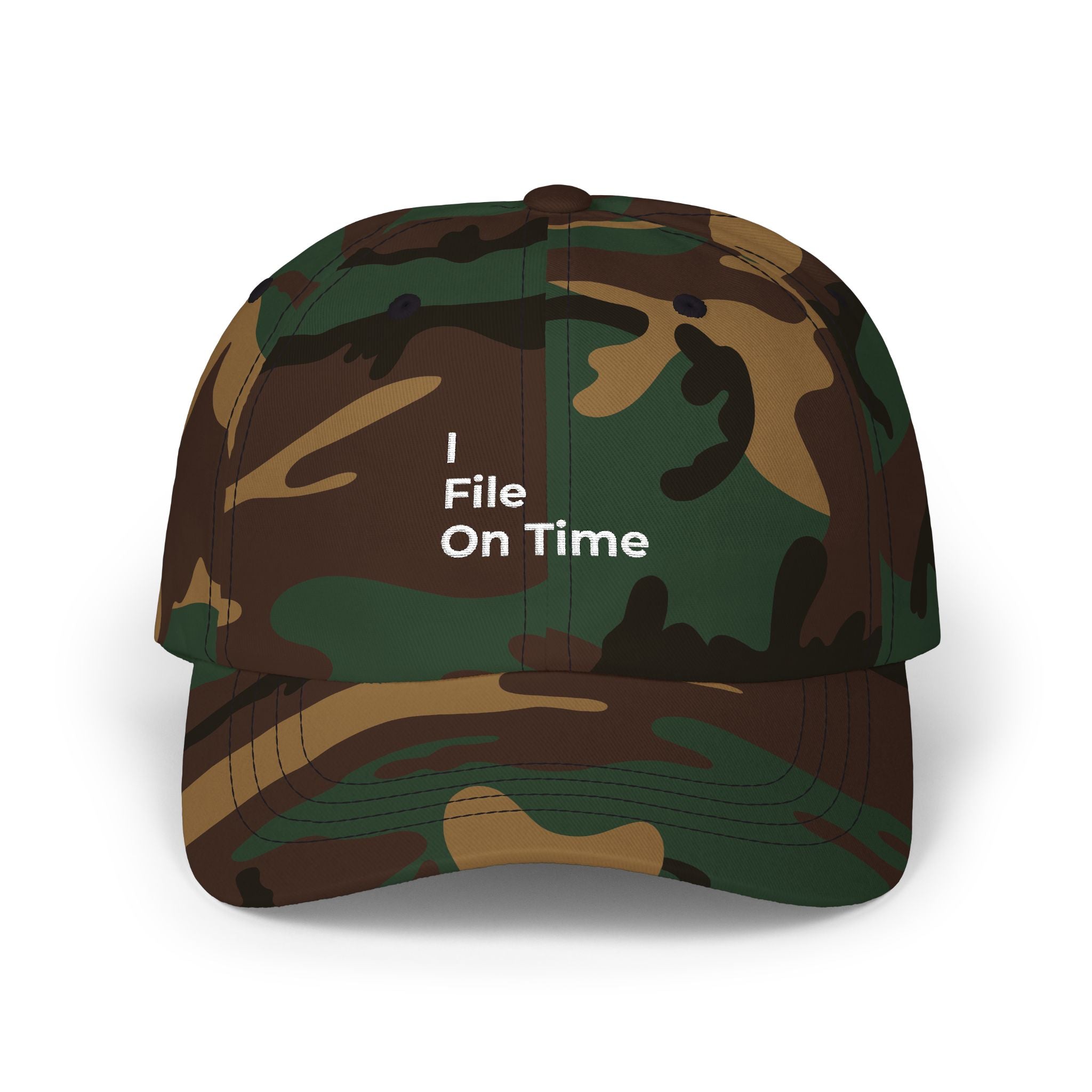 I File On Time - Classic Dad Cap — Minimal Embroidered White Baseball Hat