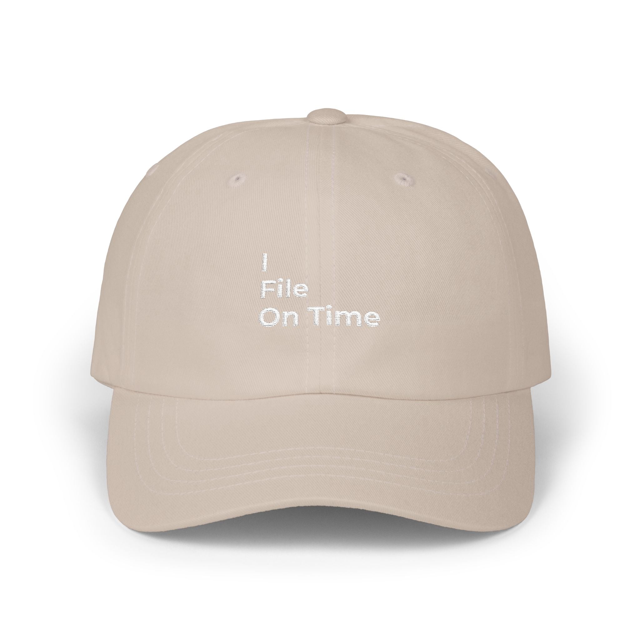 I File On Time - Classic Dad Cap — Minimal Embroidered White Baseball Hat