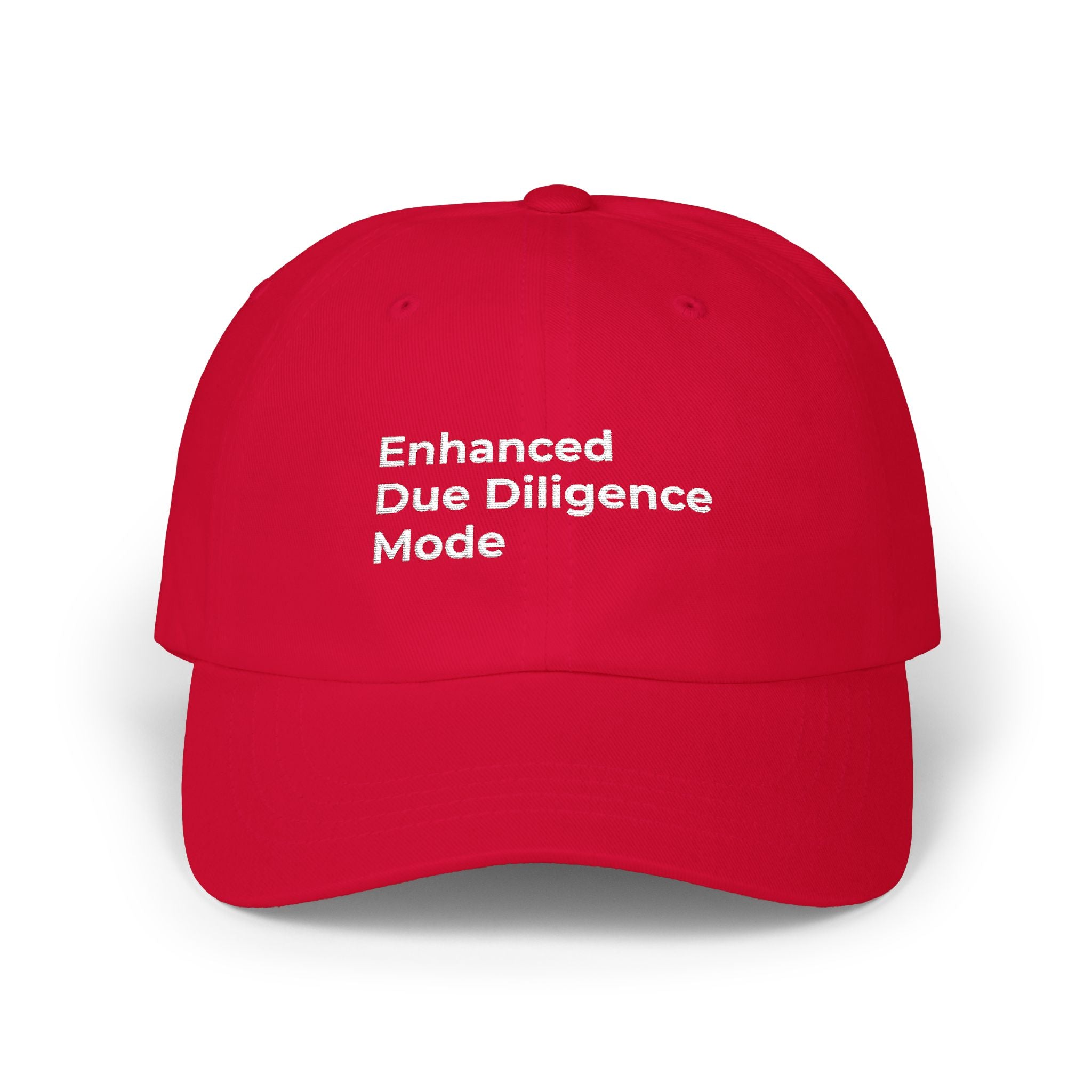 Enhanced Due Diligence Mode - White Classic Dad Cap – Minimal Embroidered Text Baseball Hat